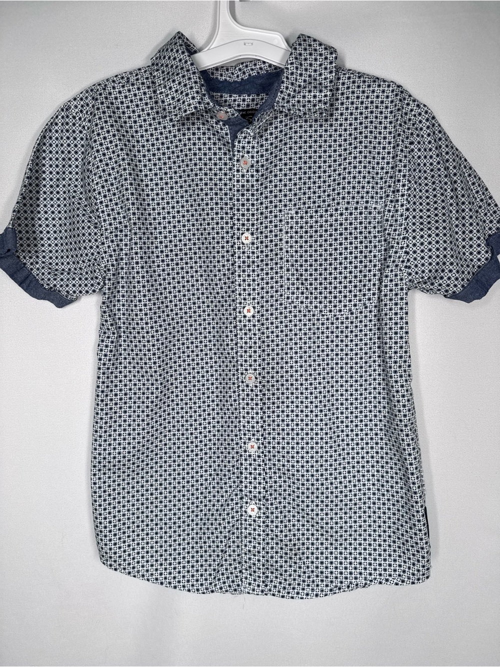 💜3/$15 Ben Sherman Boys Short Sleeve Button Down Shirt Blue Geo Micro Print S(8)